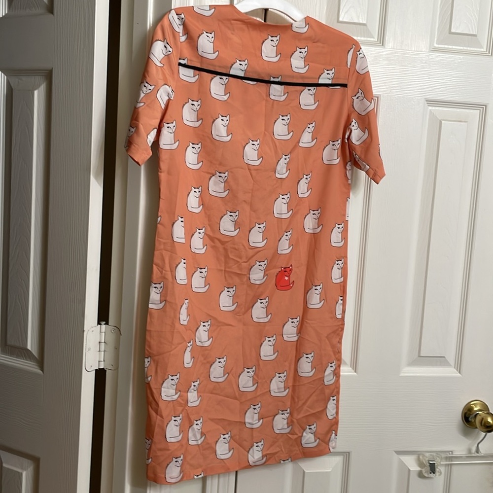 Cat Print Orange Sheath Dress - Picture 3 of 6